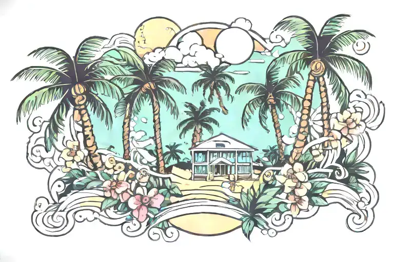miami beach with palm trees with flowers tattoo design idea