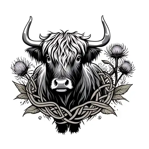 highland cow and thistle and Celtic dara knot intertwined tattoo design idea