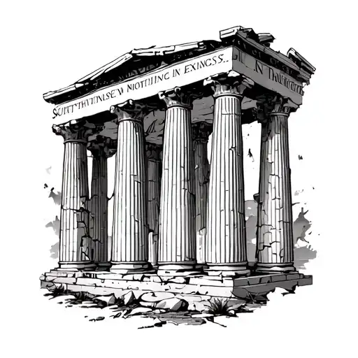 Greek temple of Apollo pillars slightly crumbling with "know thyself" , "nothing in excess" , "surety brings ruin" under tattoo design idea