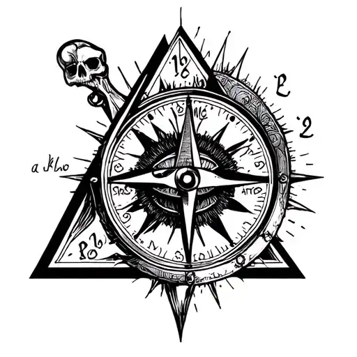 compass, clock, triangle with eye inside, skull, pistol tattoo design idea