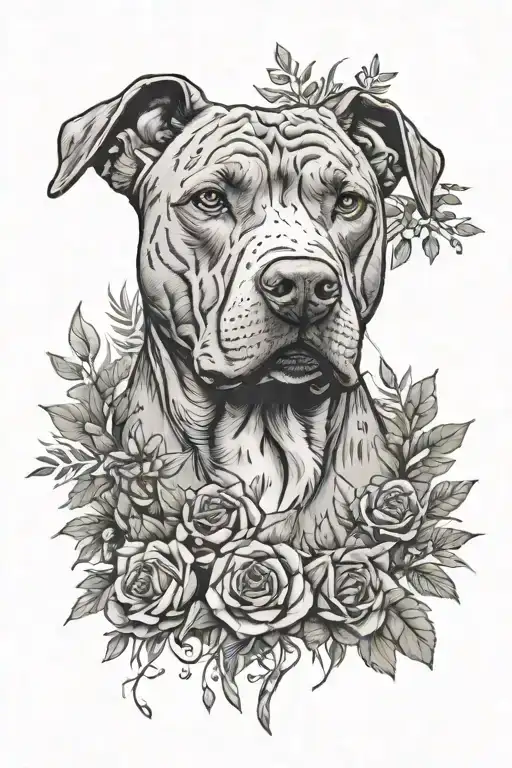 pitbull head with brackground of nature elements tattoo design idea
