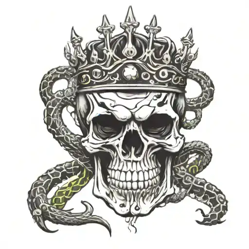 skull wearing crown with barbed wire with snakes wrapped tattoo design idea