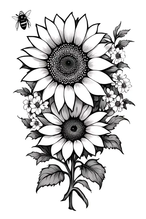 Sunflower and bee with floral ornament patterns tattoo design idea