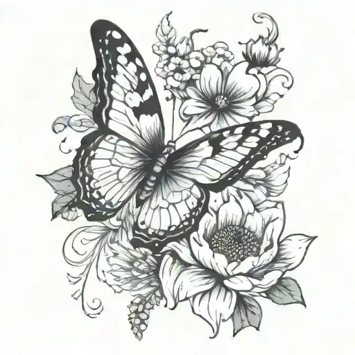 butterfly with one wing being waterlilly poppy and daisy  tattoo design idea