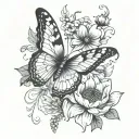 butterfly with one wing being waterlilly poppy and daisy  tattoo design idea