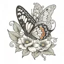 butterfly with one wing being waterlilly poppy and daisy  tattoo design idea