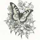butterfly with one wing being waterlilly poppy and daisy  tattoo design idea