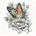 butterfly with one wing being waterlilly poppy and daisy  tattoo design idea