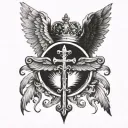 Cross angel wings crown tattoo design idea