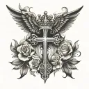 Cross angel wings crown tattoo design idea