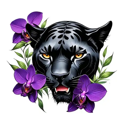 black panther with purple orchids intertwined tattoo design idea
