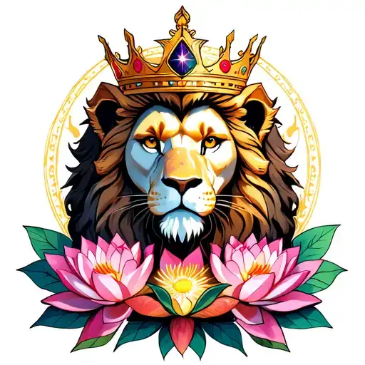 crowned lion with Orion's belt and lotus flowers intertwined tattoo design idea