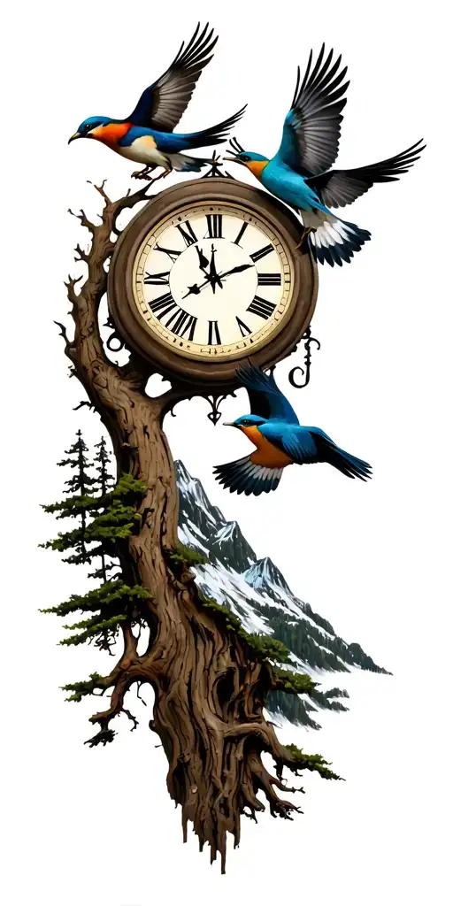 moutains tree clock birds flying tattoo design idea