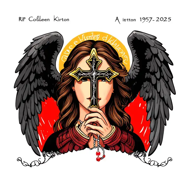 "RIP Colleen Kirton 1957-2025" Cross A Rosary with angel wings tattoo design idea
