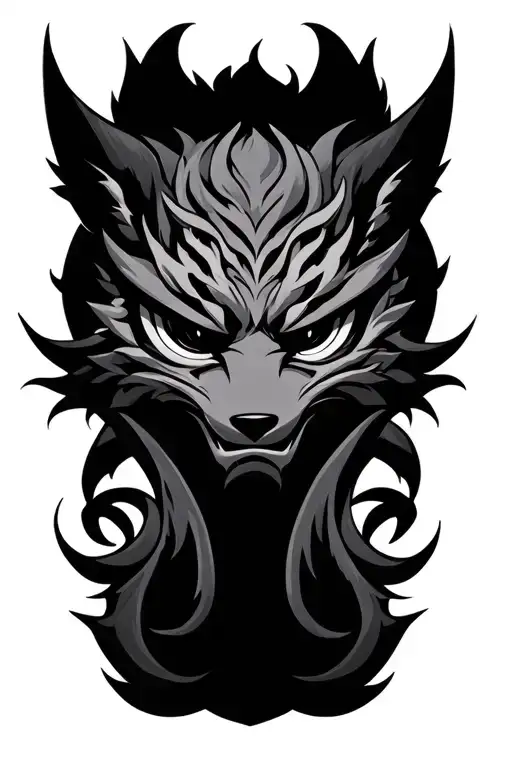 nine tailed fox yokai oni mask tattoo design idea