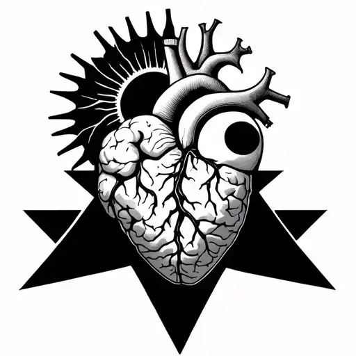 a heart with veins and an engine connected to a brain with a half sun and half moon on it connected to a black piramid tattoo design idea