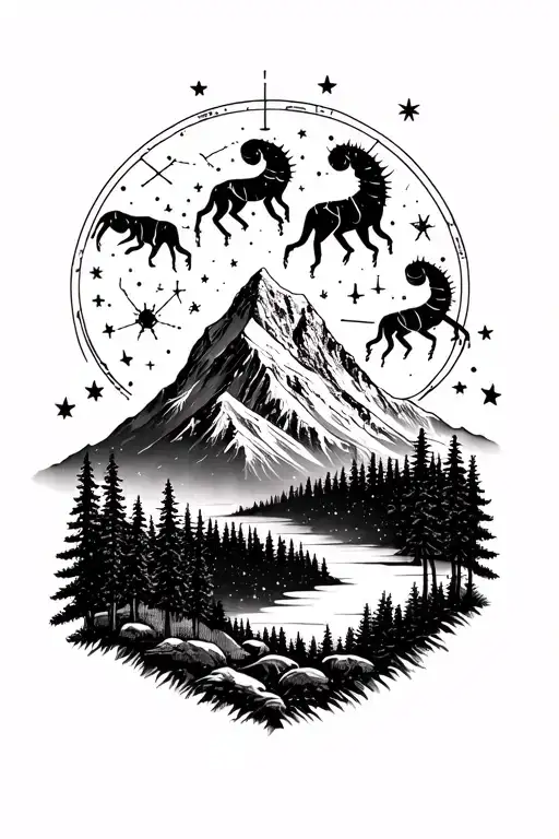 mt rainier & forest scene with a night time sky showing the leo, Scorpio, aquarius, gemini & virgo zodiac constellations tattoo design idea