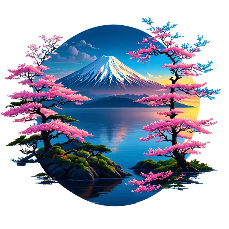 Mount Fuji sakura trees colors sunset over lake tattoo design idea