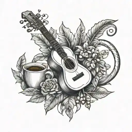 A nature-inspired tattoo incorporating musical instruments and coffee beans tattoo design idea