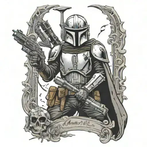 mandalorian surrounded by guns tattoo design idea