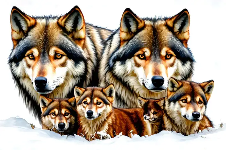 family of two wolves and five cubs surrounded tattoo design idea