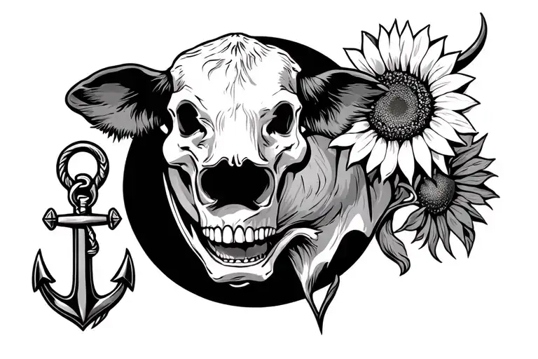 laughing cow, planet, skull, anchor, sunflower tattoo design idea