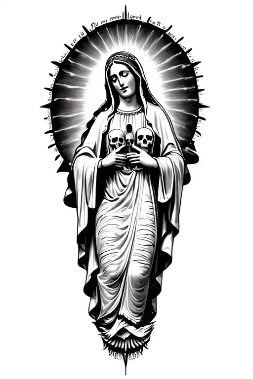 Our Lady of Guadalupe Watching Over Skeletons Singing, "You will never win against the crazy" tattoo design idea