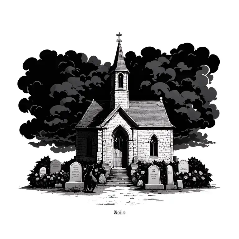old abanond ruin  church  with dark clouds and grave stones and black rose bushes two black cats tattoo design idea