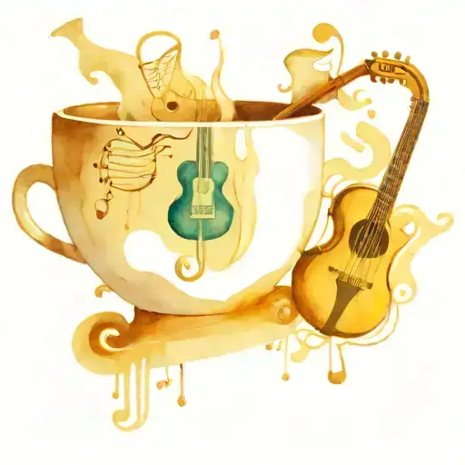 A whimsical coffee cup with musical instruments forming steam, representing the joy of starting the day with music tattoo design idea