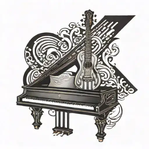 A piano and guitar merging together to form a cross symbol, symbolizing the harmony between music and faith tattoo design idea