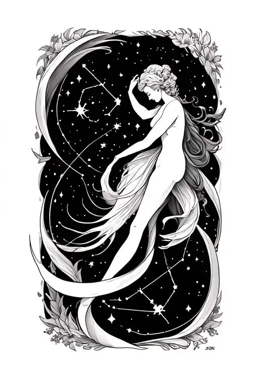 Gemini and aquarius constellation intertwined tattoo design idea