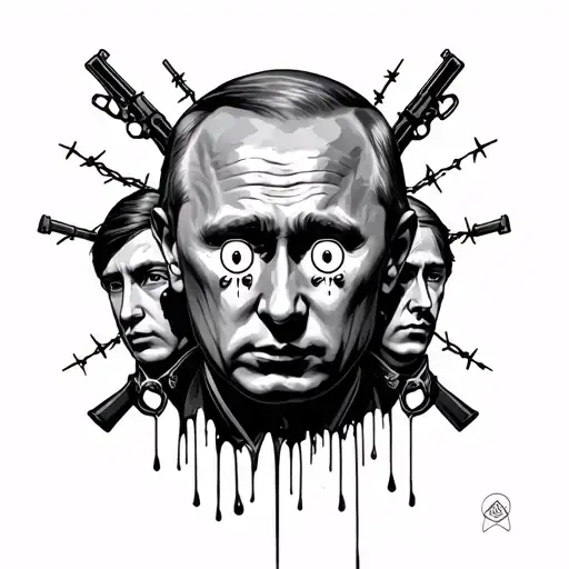 Putin with 3 faces and 6 eyes surrounded by tears, barbed wire guns and criminal symbols tattoo design idea