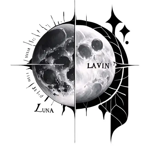 Symmetrical tattoo with hidden text 'Luna' and 'Lavin', masculine or geometric style tattoo design idea