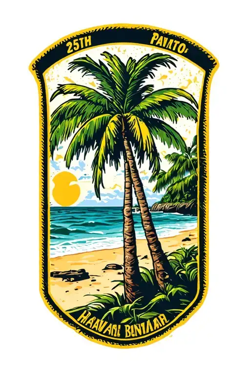 25th infantry patch, hawaiian beach, large palm tree in american traditional  tattoo design idea