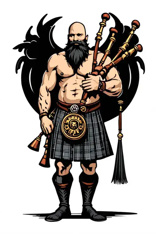 shirtless muscular bagpiper bald black beard playing bagpipes black background tattoo design idea