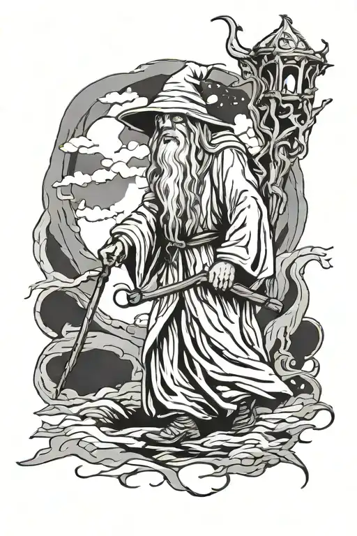 gandalf the grey walking with his staff emitting light tattoo design idea
