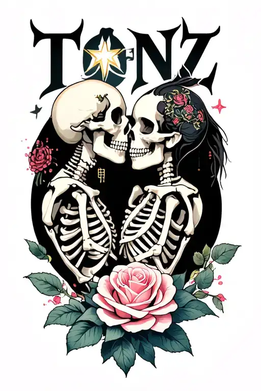the word 'Tonz' 2 skeletons kissing and Star transforming into a rose tattoo design idea