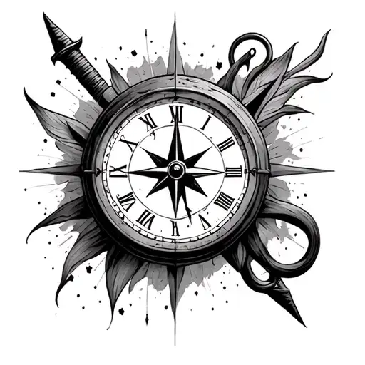 clock and compass  tattoo design idea