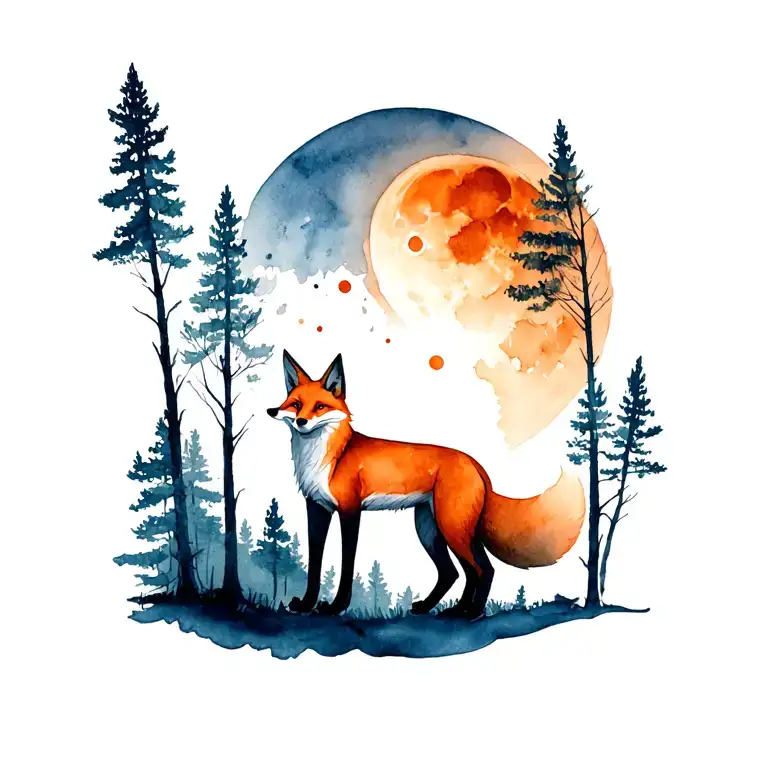 Armband tattoo forrest with a lodge, orange moon and fox tattoo design idea