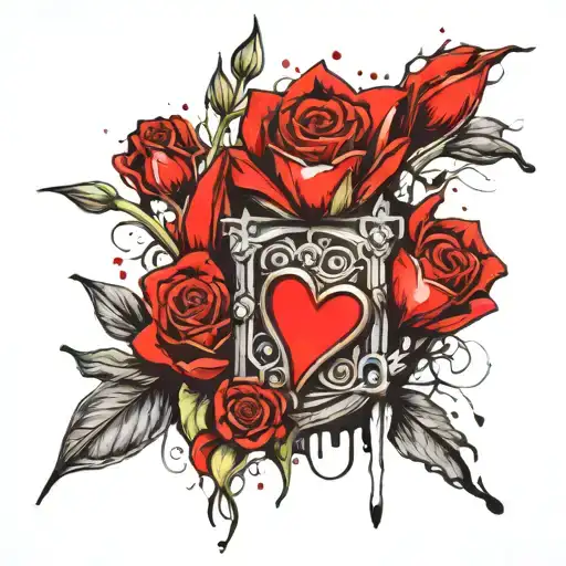 create a tattoo that has a queen of hearts, a bouquet of flowers surrounded by tulips, roses, a damaged Roman pillar, so tattoo design idea