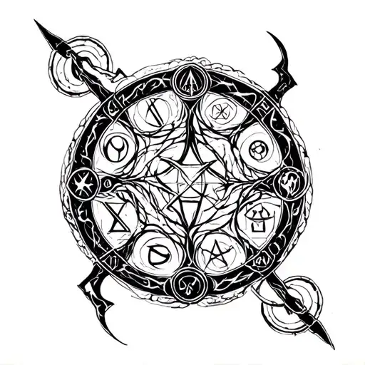 intricate dark magic runes in a chaotic circle tattoo design idea