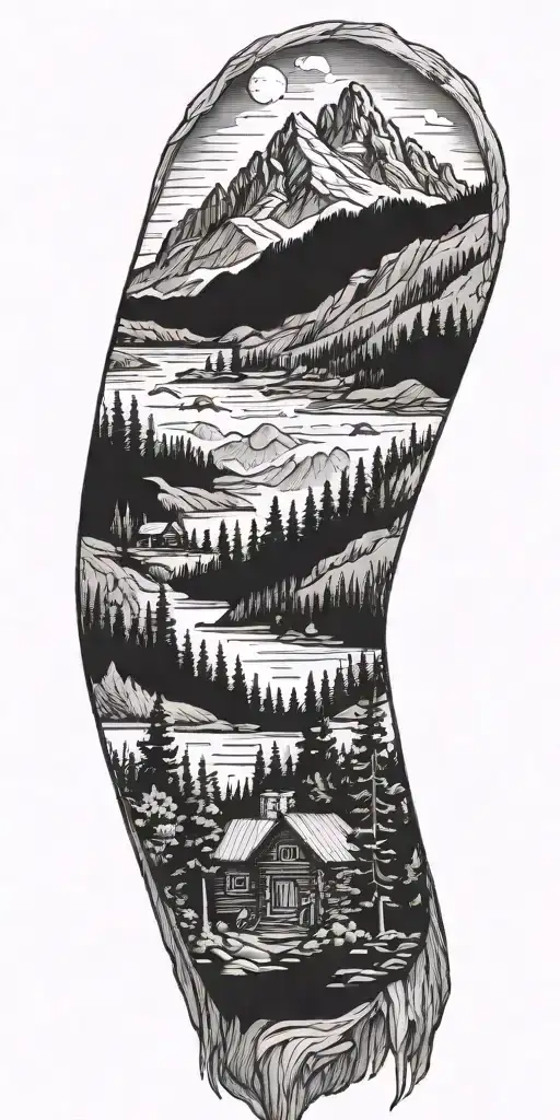 A detailed blackwork tattoo of a majestic mountain landscape with a log cabin nestled in the woods tattoo design idea