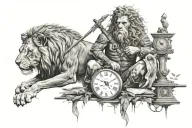 warrior with an axe and a lion and a book and a tree and a clock tattoo design idea