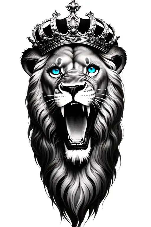 Hyper realistic black and white tattoo lion with blue eyes roaring wearing a crown and a realistic woman's eye underneat tattoo design idea