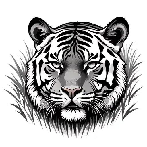 a tiger face surrounded by little grass field tattoo design idea
