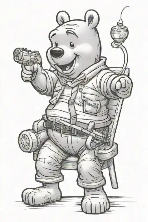 Winnie the Pooh sitting in a love seat with a gun and pot of hunny tattoo design idea