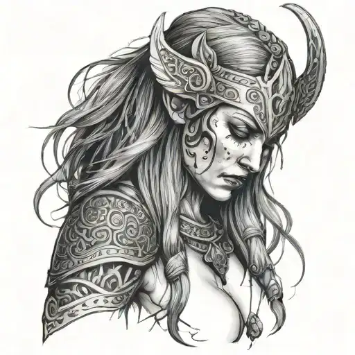 darkly alluring full nude viking woman, crying blue tears tattoo design idea