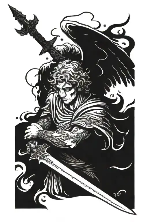 angel disapointed after failing holdin himself on a stone and leaving his sword  tattoo design idea