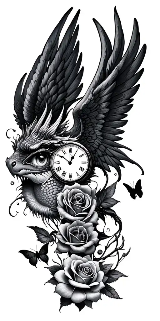 clock face, angel wings, roses, eye, dragon, butterfly tattoo design idea
