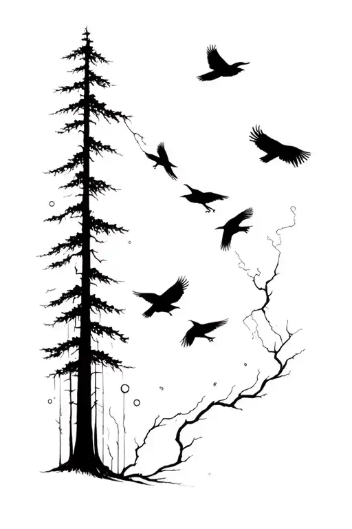 Minimalist black ink tattoo of a dark forest silhouette on forearm. Tall trees rendered as pure black outlines with negative space, no fill or shading. Three ravens in dynamic flight positioned throughout the composition, rendered with clean thin lines. Ravens have varied sizes and angles suggesting movement and freedom. Lightning bolts emerge from the forest base in bifurcating patterns, resembling neural networks or fractals. Lightning bolts have thin lines and connect to subtle nodes or anchor points around the composition. Overall aesthetic: minimalist noir, high contrast, very clean linework. No grey shading, no colors - pure black on white/skin. Atmospheric and magical but understated. Suitable for 12-14cm forearm placement. Professional tattoo quality with clear legibility. Consistent with minimalist fineline aesthetic. tattoo design idea